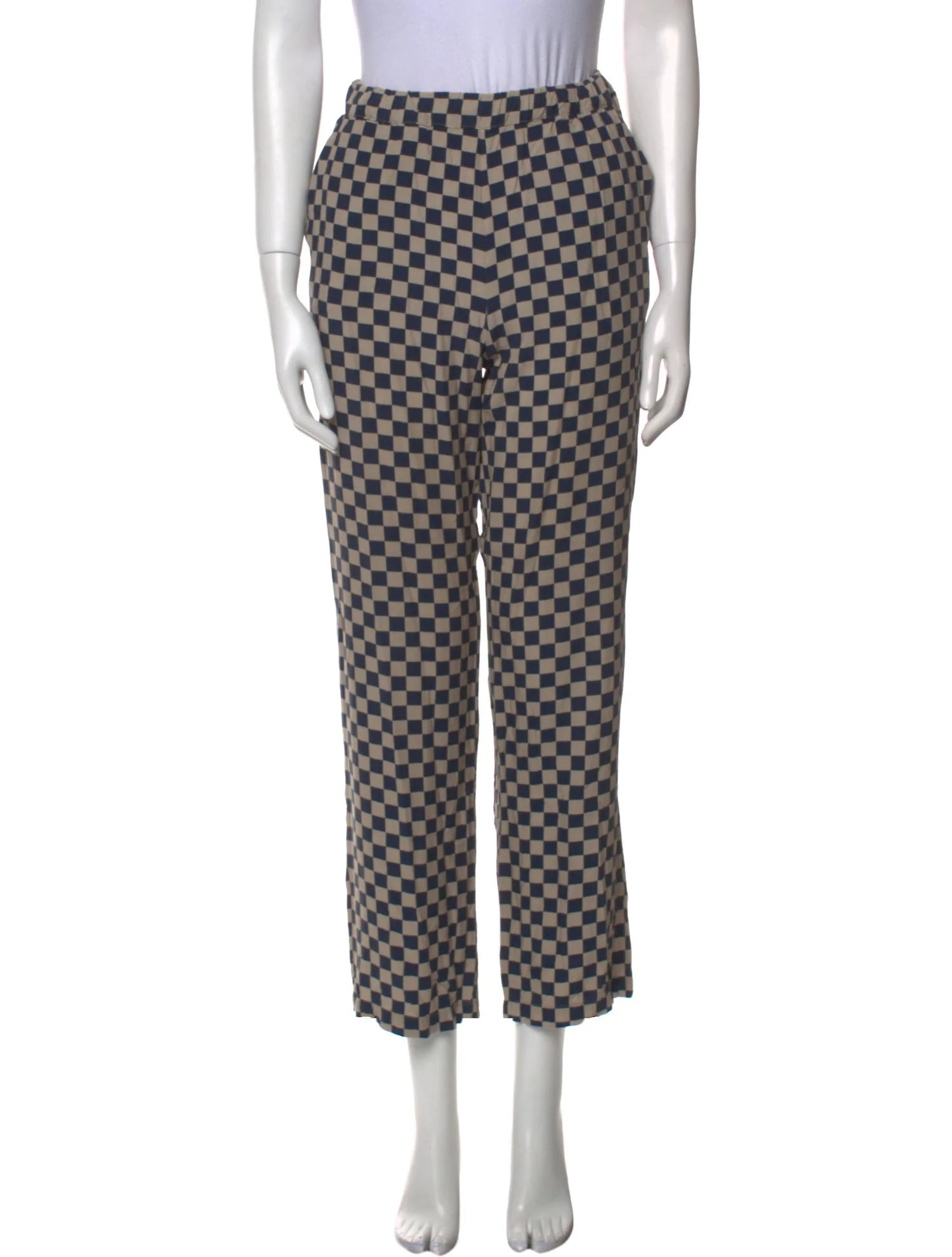 Kule Check Print Straight Leg Pants Navy